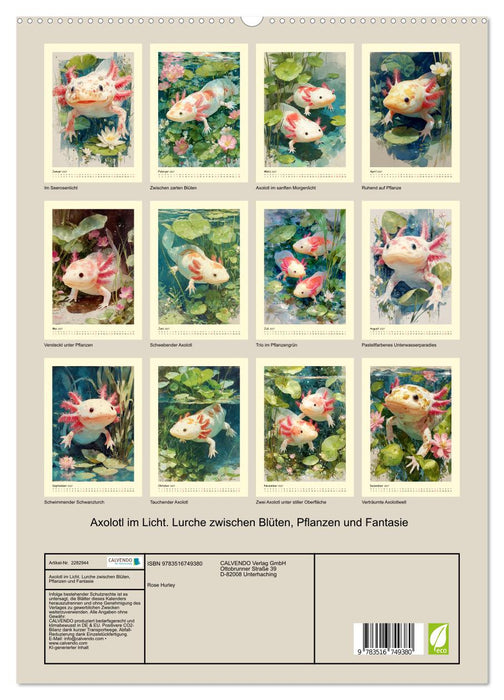 Axolotl im Licht. Lurche zwischen Blüten, Pflanzen und Fantasie (CALVENDO Premium Wandkalender 2027)
