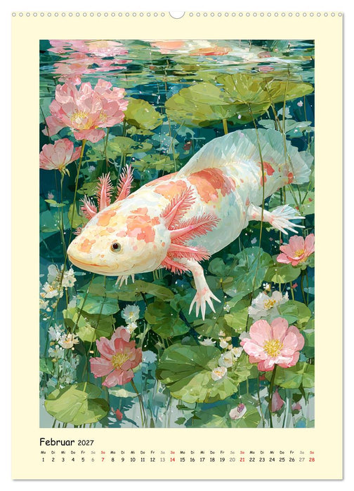Axolotl im Licht. Lurche zwischen Blüten, Pflanzen und Fantasie (CALVENDO Premium Wandkalender 2027)