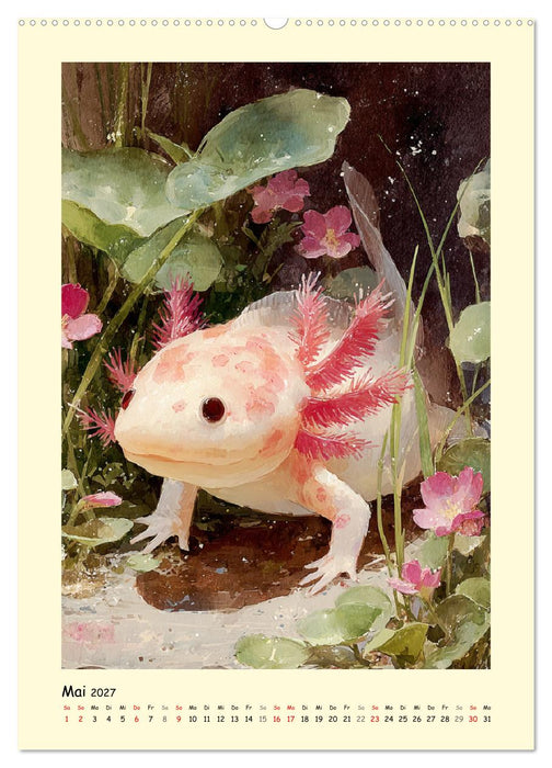 Axolotl im Licht. Lurche zwischen Blüten, Pflanzen und Fantasie (CALVENDO Premium Wandkalender 2027)