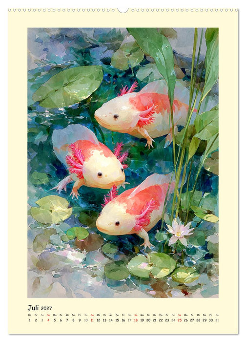 Axolotl im Licht. Lurche zwischen Blüten, Pflanzen und Fantasie (CALVENDO Premium Wandkalender 2027)