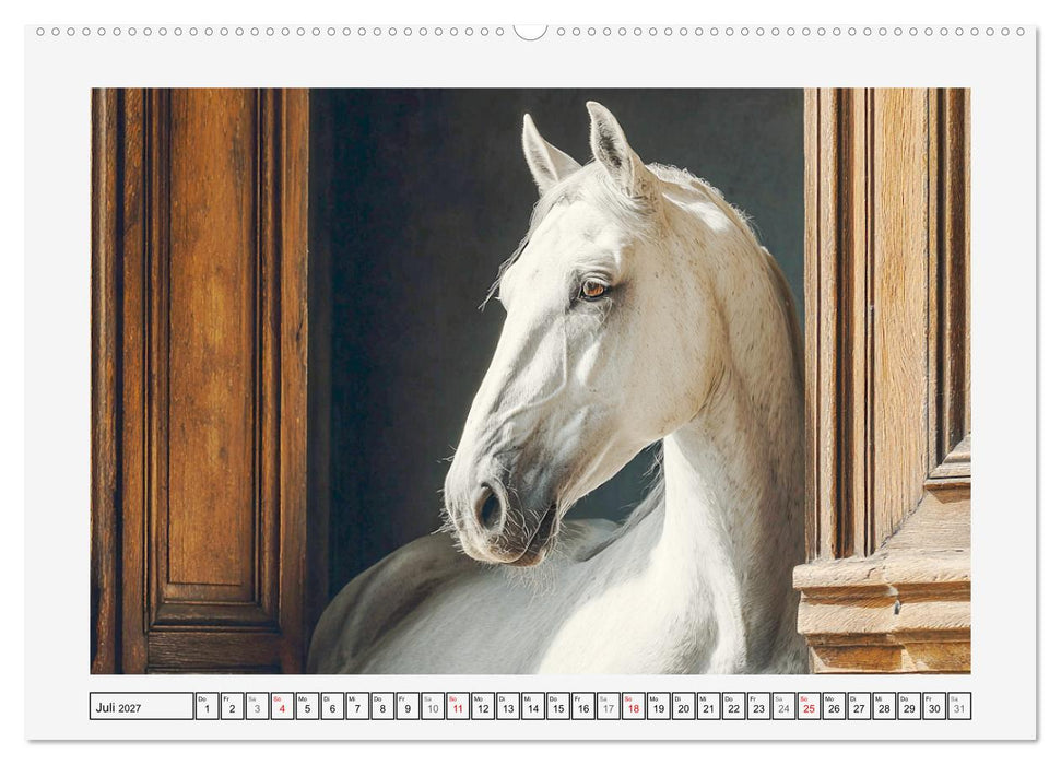 Spanische Eleganz. Edle Schimmel auf dem Gestüt (CALVENDO Premium Wandkalender 2027)