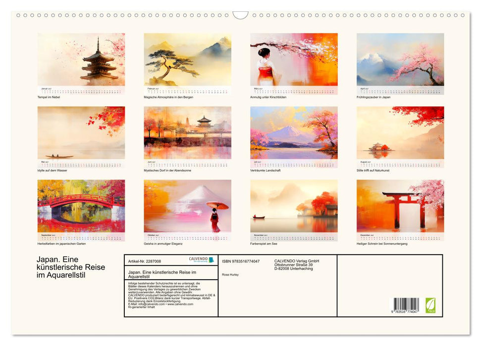 Japan. Eine künstlerische Reise im Aquarellstil (CALVENDO Wandkalender 2027)