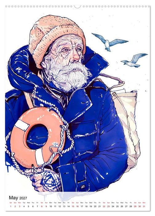 Salt in Their Veins - Illustrated portraits of seafarers and coastal life (CALVENDO Monthly Calendar 2027)