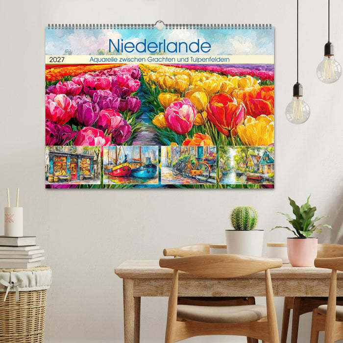 Niederlande. Aquarelle zwischen Grachten und Tulpenfeldern (CALVENDO Wandkalender 2027)