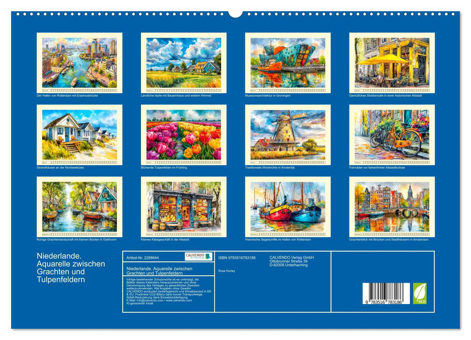 Niederlande. Aquarelle zwischen Grachten und Tulpenfeldern (CALVENDO Premium Wandkalender 2027)