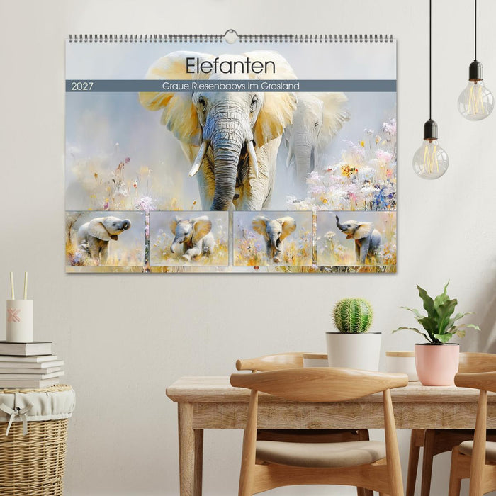 Elefanten. Graue Riesenbabys im Grasland (CALVENDO Wandkalender 2027)
