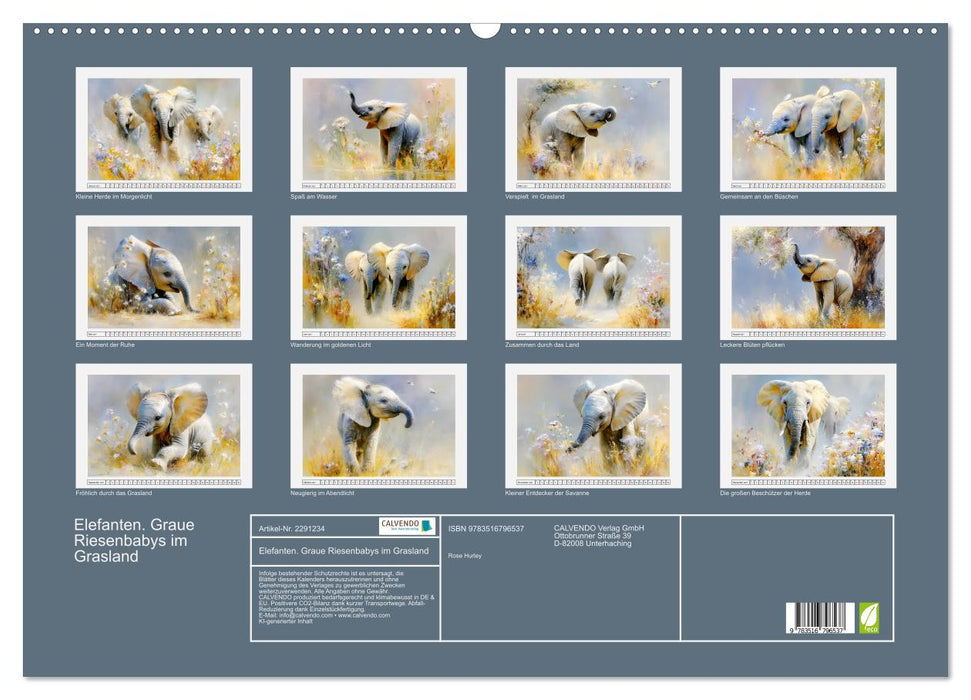 Elefanten. Graue Riesenbabys im Grasland (CALVENDO Wandkalender 2027)