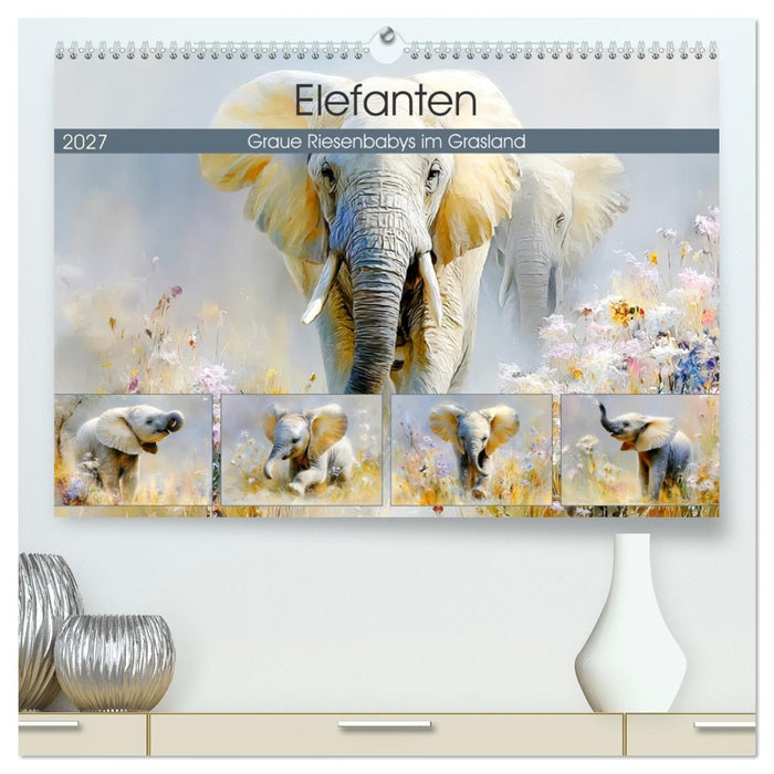 Elefanten. Graue Riesenbabys im Grasland (CALVENDO Premium Wandkalender 2027)