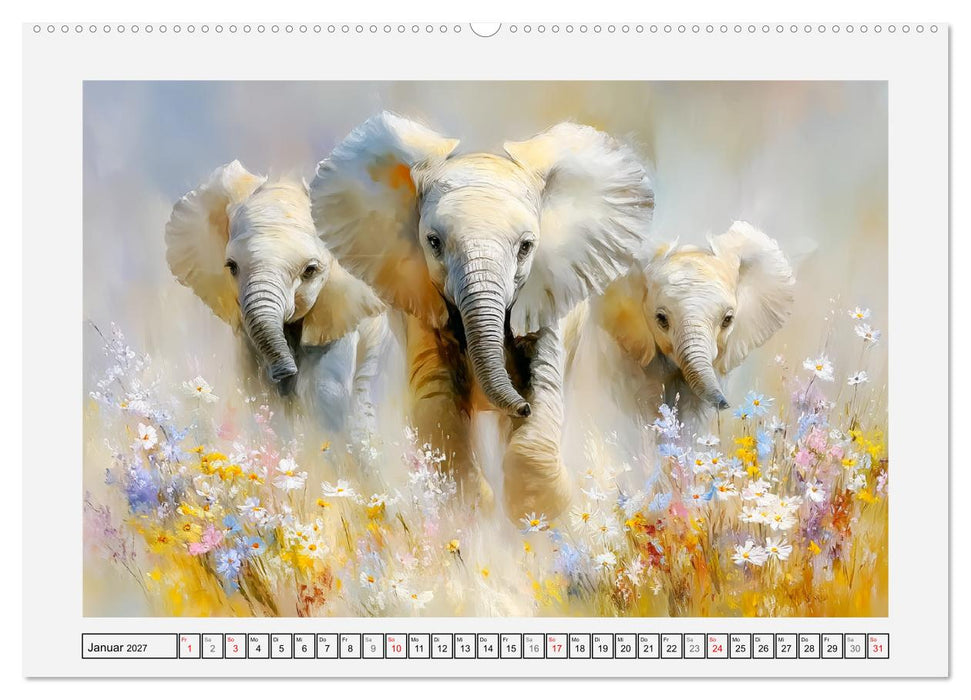 Elefanten. Graue Riesenbabys im Grasland (CALVENDO Premium Wandkalender 2027)