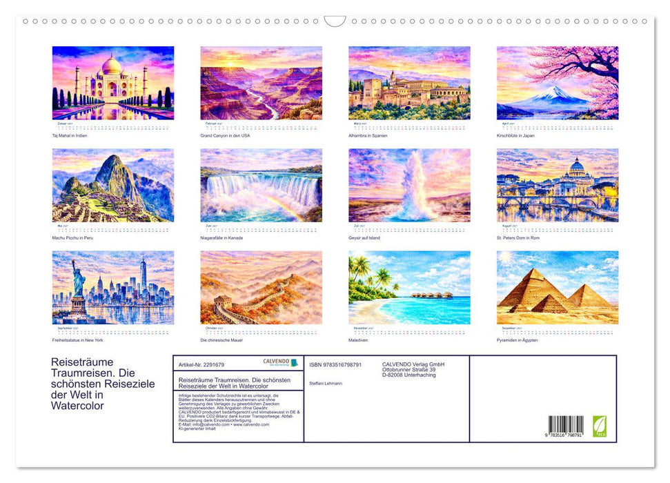 Reiseträume Traumreisen. Die schönsten Reiseziele der Welt in Watercolor (CALVENDO Wandkalender 2027)
