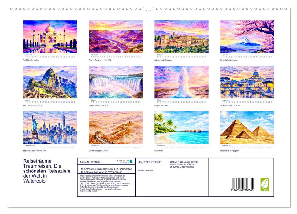 Reiseträume Traumreisen. Die schönsten Reiseziele der Welt in Watercolor (CALVENDO Premium Wandkalender 2027)