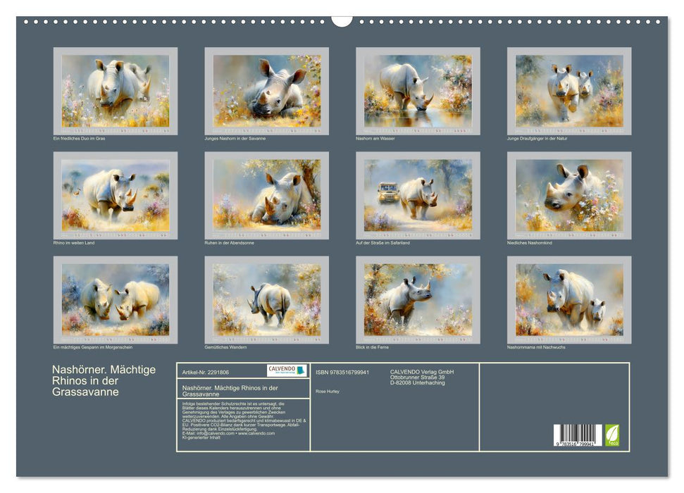 Nashörner. Mächtige Rhinos in der Grassavanne (CALVENDO Wandkalender 2027)