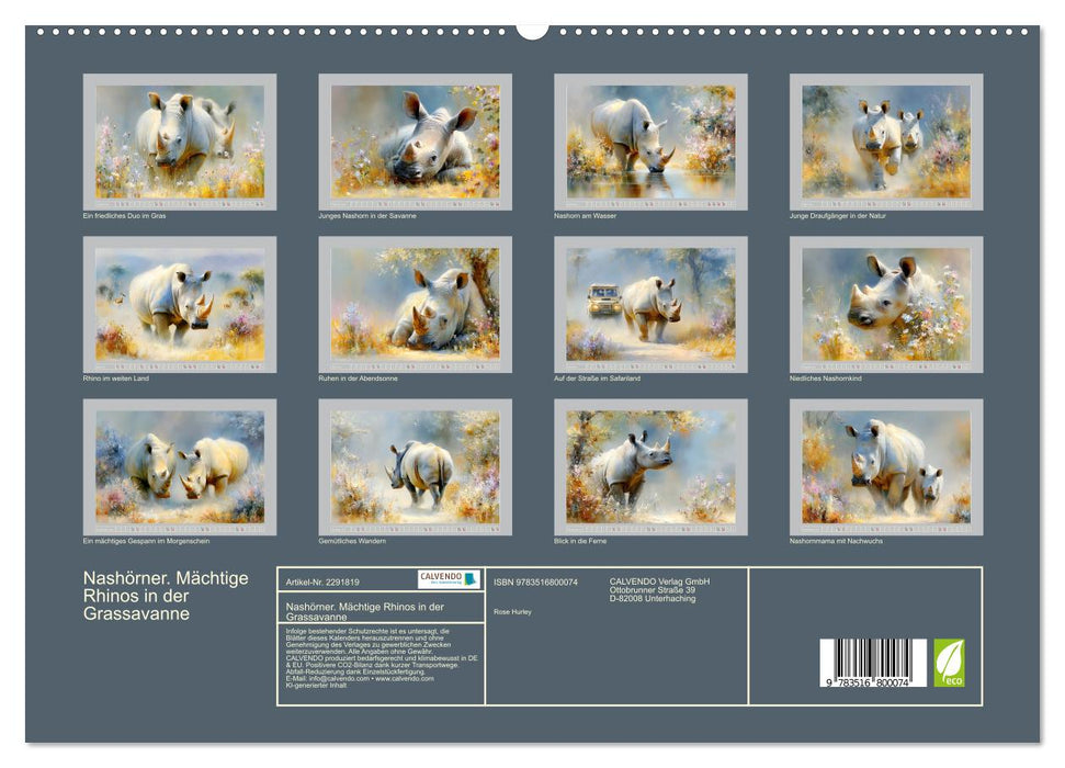 Nashörner. Mächtige Rhinos in der Grassavanne (CALVENDO Premium Wandkalender 2027)