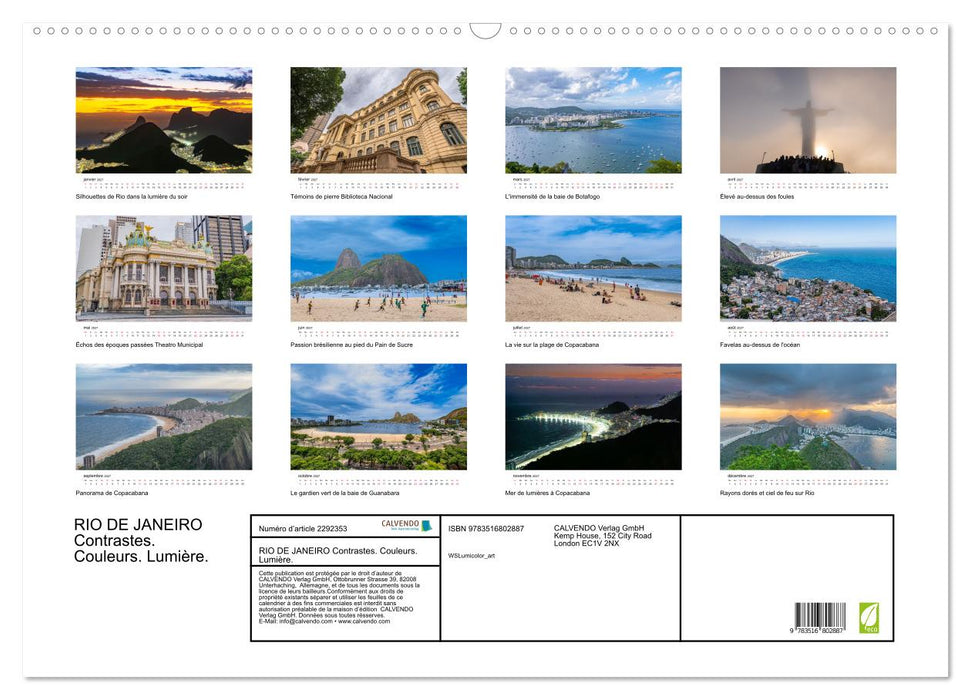 RIO DE JANEIRO Contrastes. Couleurs. Lumière. (CALVENDO Calendrier mensuel 2027)