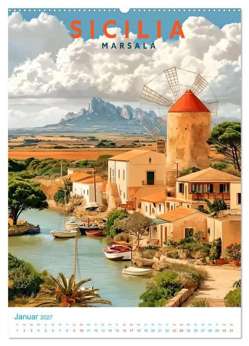 Sizilien - Old School Poster Style (CALVENDO Premium Wandkalender 2027)