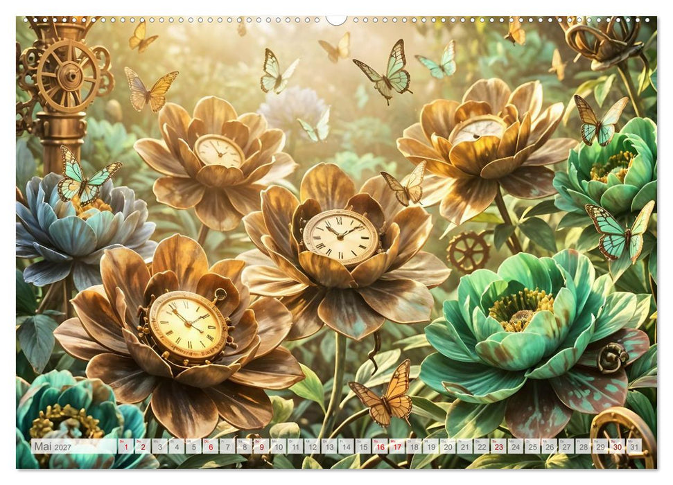 Der Garten der stillen Zahnräder - Ein Jahr zwischen Blüten, Mechanik und leiser Magie (CALVENDO Wandkalender 2027)