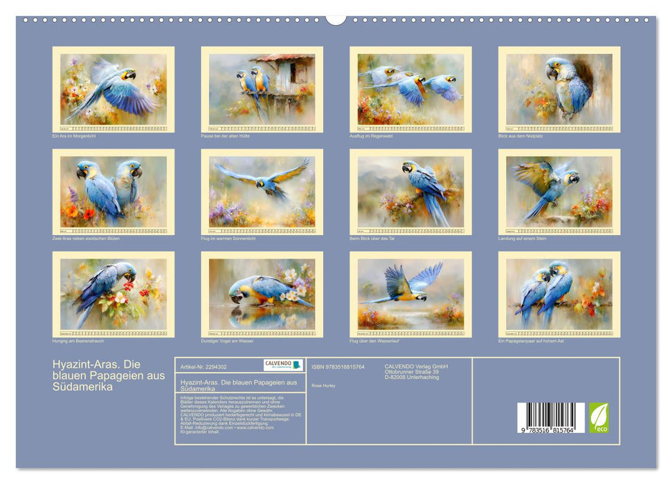 Hyazint-Aras. Die blauen Papageien aus Südamerika (CALVENDO Premium Wandkalender 2027)