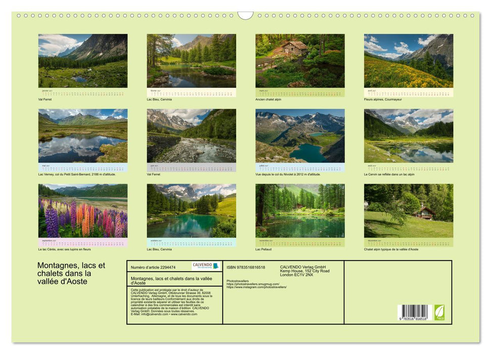 Montagnes, lacs et chalets dans la vallée d'Aoste (CALVENDO Calendrier mensuel 2027)