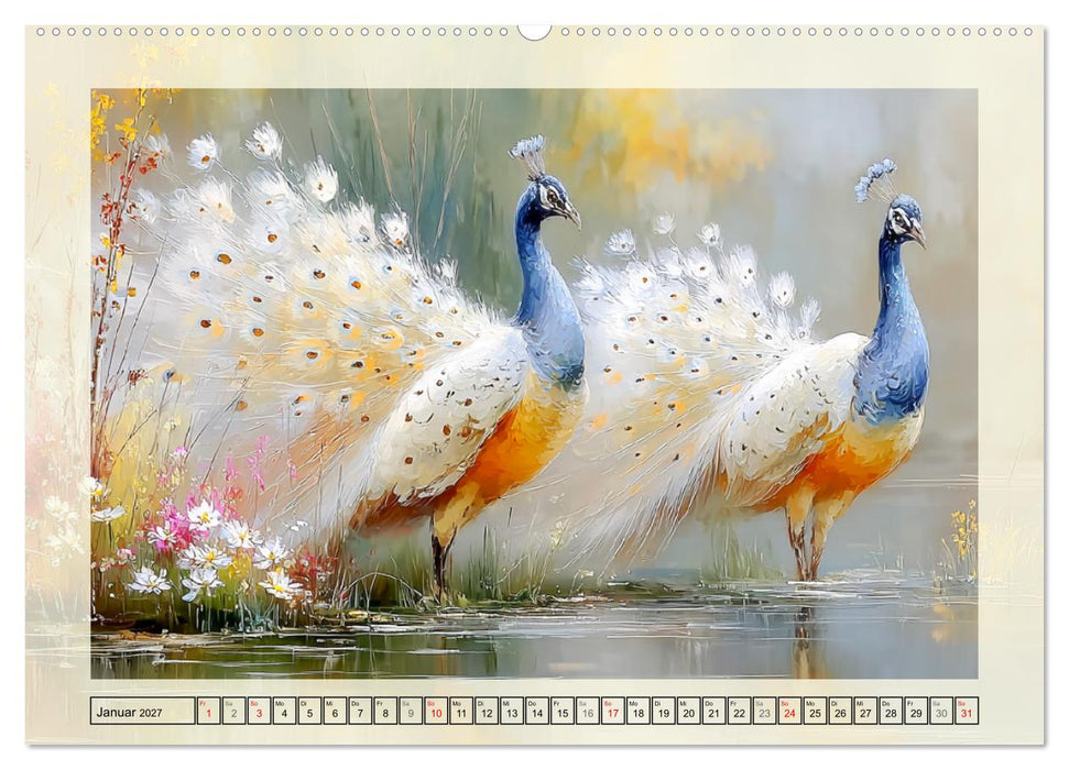 Pfaue. Elegante Ziervögel im englischen Garten (CALVENDO Wandkalender 2027)