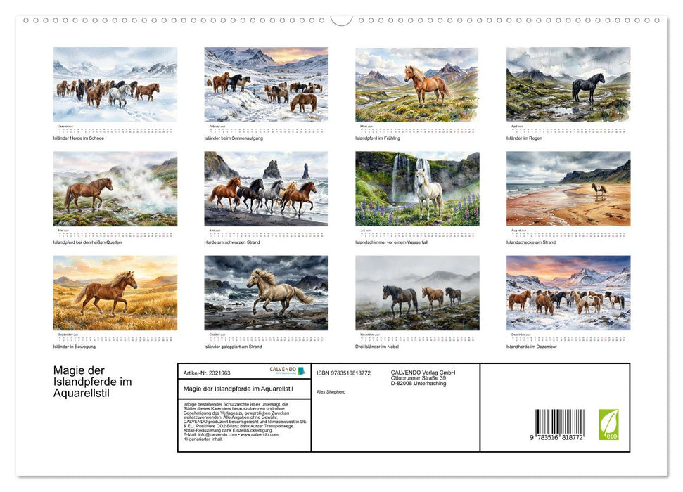 Magie der Islandpferde im Aquarellstil (CALVENDO Premium Wandkalender 2027)