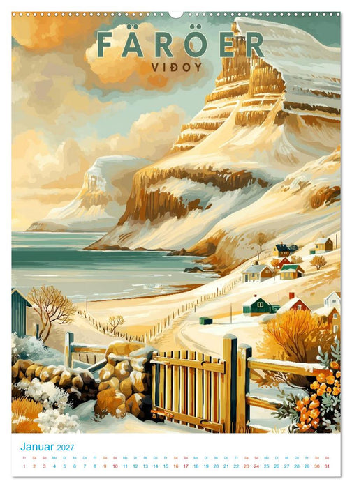 Färöer Inseln - Old School Poster Style (CALVENDO Premium Wandkalender 2027)
