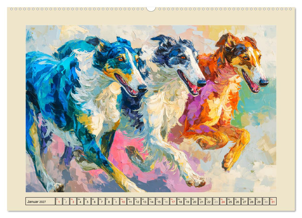 Barsoi im Farbenspiel. Elegante Windhunde in moderner Öloptik (CALVENDO Wandkalender 2027)