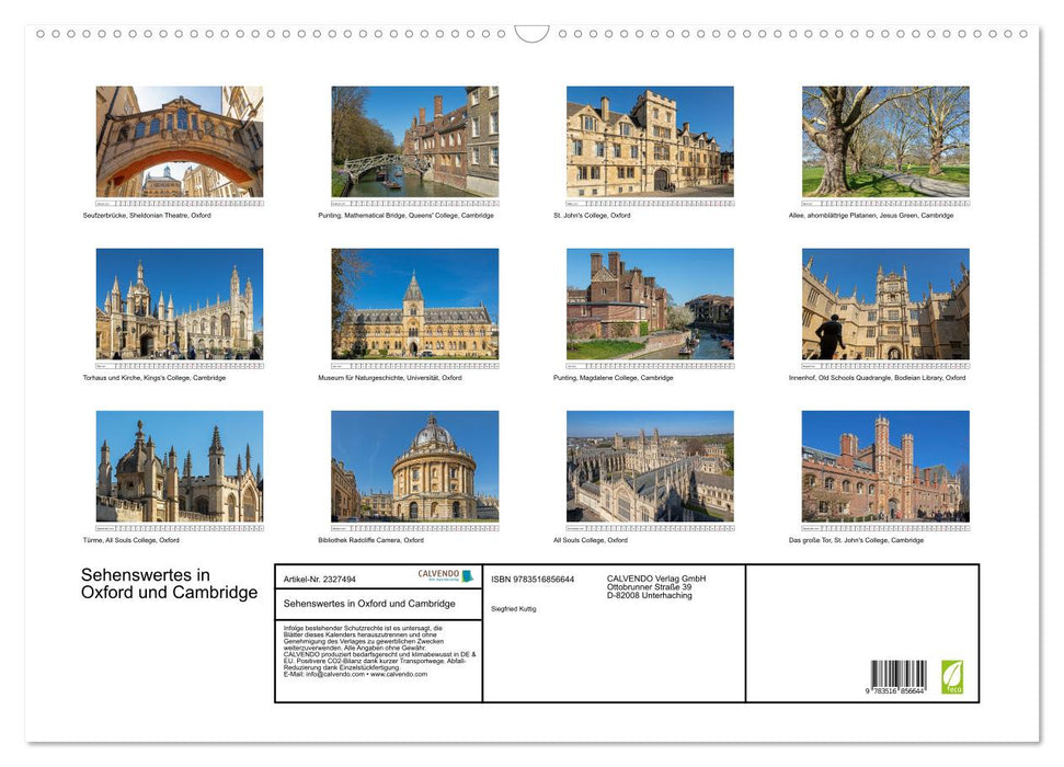 Sehenswertes in Oxford und Cambridge (CALVENDO Wandkalender 2027)