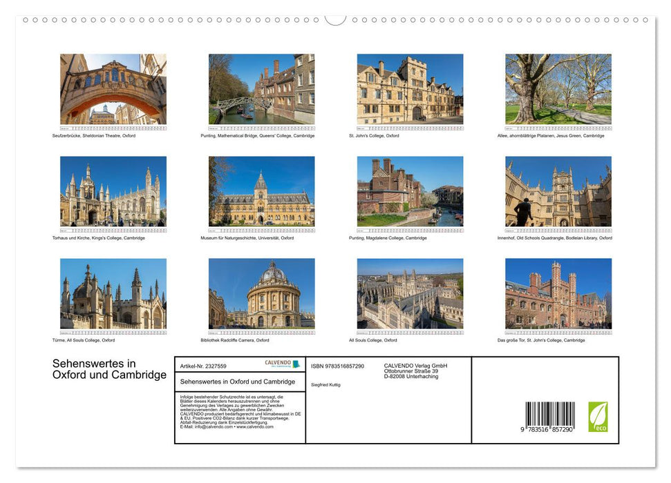 Sehenswertes in Oxford und Cambridge (CALVENDO Premium Wandkalender 2027)