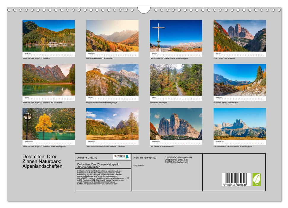 Dolomiten, Drei Zinnen Naturpark: Alpenlandschaften (CALVENDO Wandkalender 2027)