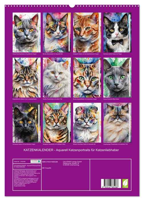 KATZENKALENDER - Aquarell Katzenportraits für Katzenliebhaber (CALVENDO Premium Wandkalender 2027)