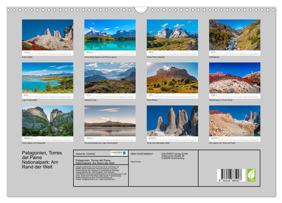 Patagonien, Torres del Paine Nationalpark: Am Rand der Welt (CALVENDO Wandkalender 2027)