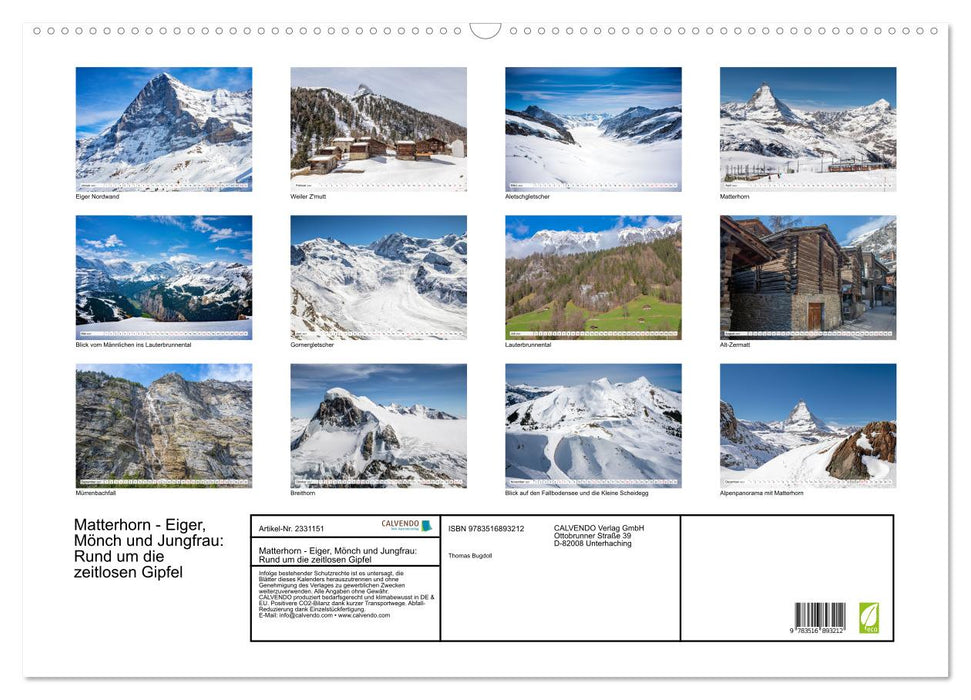 Matterhorn - Eiger, Mönch und Jungfrau: Rund um die zeitlosen Gipfel (CALVENDO Wandkalender 2027)