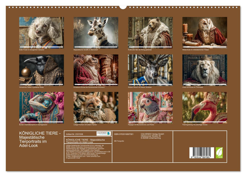 KÖNIGLICHE TIERE - Majestätische Tierportraits im Adel-Look (CALVENDO Premium Wandkalender 2027)