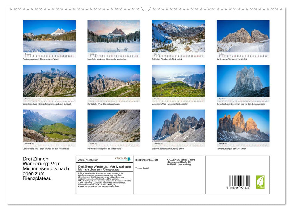 Drei Zinnen-Wanderung: Vom Misurinasee bis nach oben zum Rienzplateau (CALVENDO Premium Wandkalender 2027)