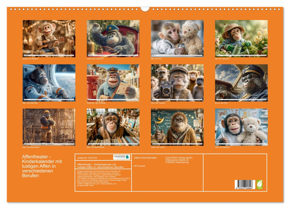 Affentheater - Kinderkalender mit lustigen Affen in verschiedenen Berufen (CALVENDO Wandkalender 2027)