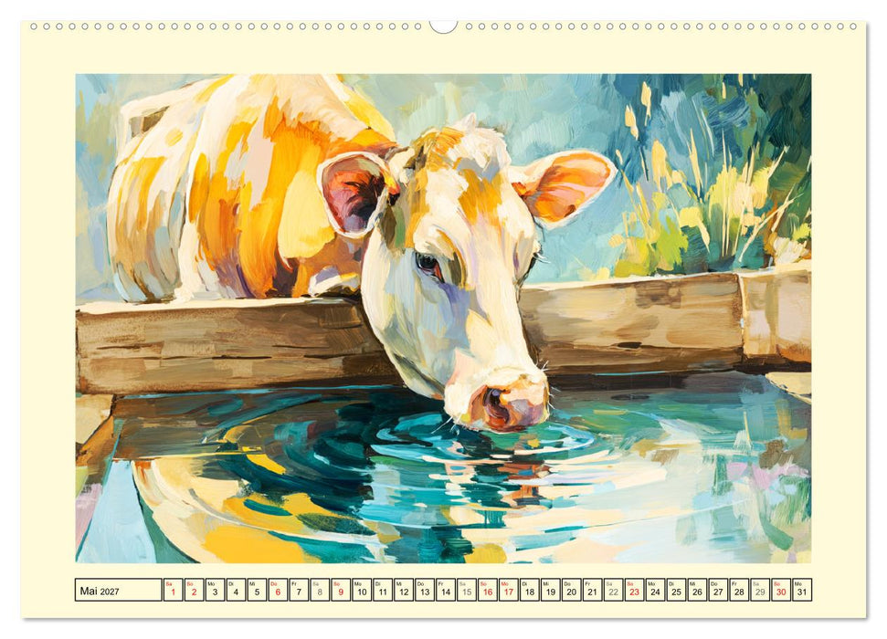 Almseelen im Licht der Berge. Charmante Kühe in kunstvoller Öloptik (CALVENDO Premium Wandkalender 2027)