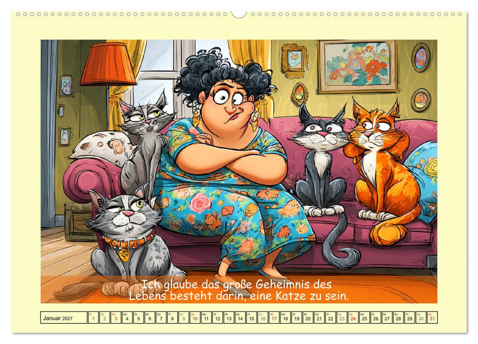 Katzen und Frauen. Lustige Cartoons vom täglichen Chaos (CALVENDO Wandkalender 2027)