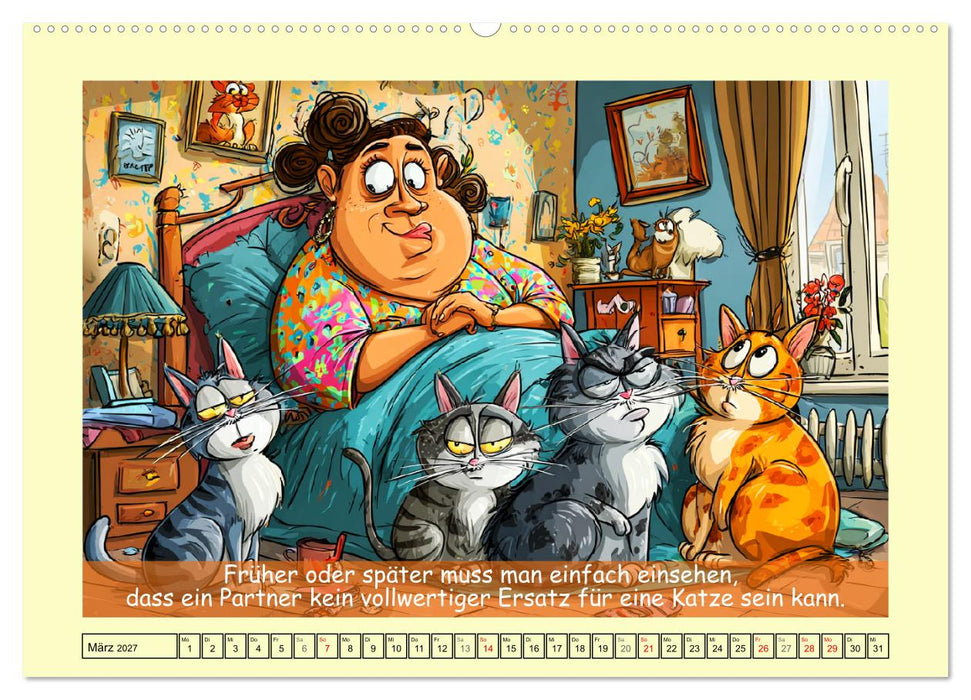 Katzen und Frauen. Lustige Cartoons vom täglichen Chaos (CALVENDO Wandkalender 2027)