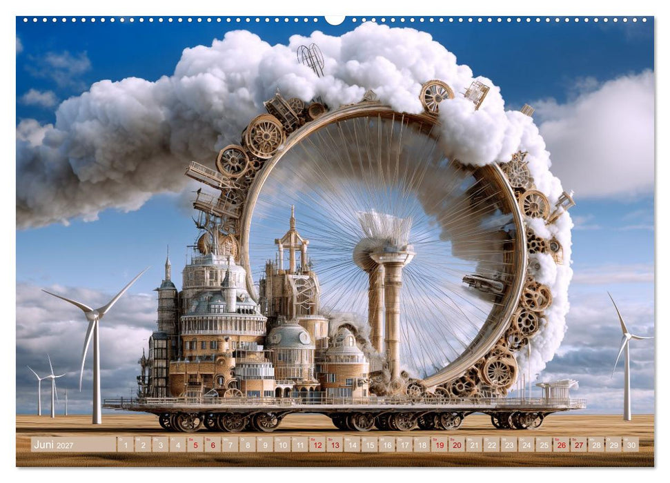 Windgetriebene Wunderwelten. Surrealistische Flugmaschinen im Stil von Jules Verne (CALVENDO Wandkalender 2027)