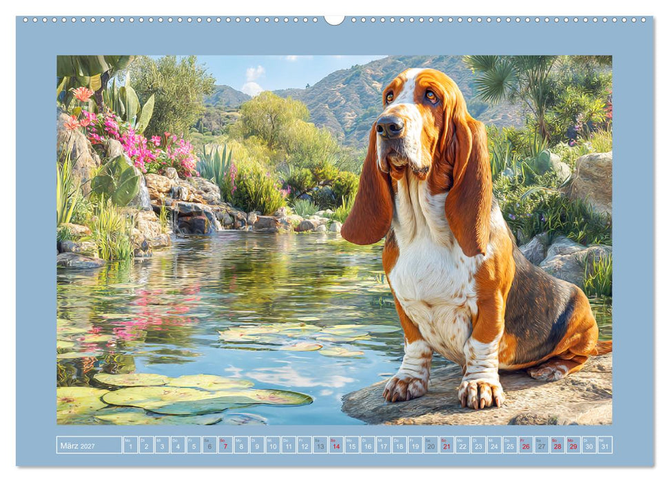 Schlappohren-Zauber. Fröhliche Bassets in bunten Momenten (CALVENDO Wandkalender 2027)