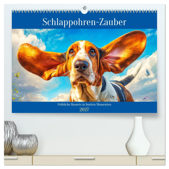 Schlappohren-Zauber. Fröhliche Bassets in bunten Momenten (CALVENDO Premium Wandkalender 2027)