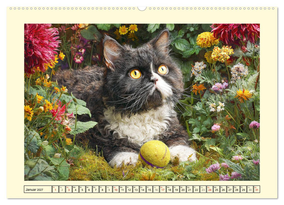 Selkirk Rex Katzen. Lockenzauber im Blumengarten (CALVENDO Wandkalender 2027)