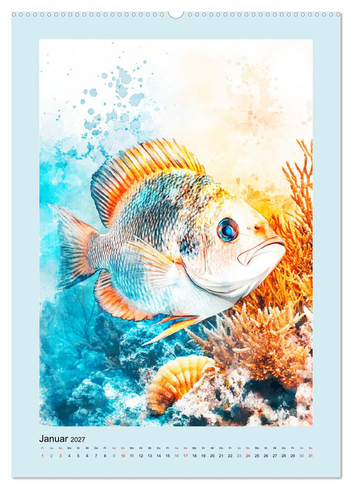 Ozeanpoesie. Die Unterwasserwelt im Aquarell-Stil (CALVENDO Premium Wandkalender 2027)