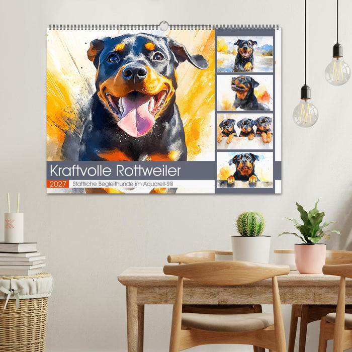 Kraftvolle Rottweiler. Stattliche Begleithunde im Aquarell-Stil (CALVENDO Wandkalender 2027)