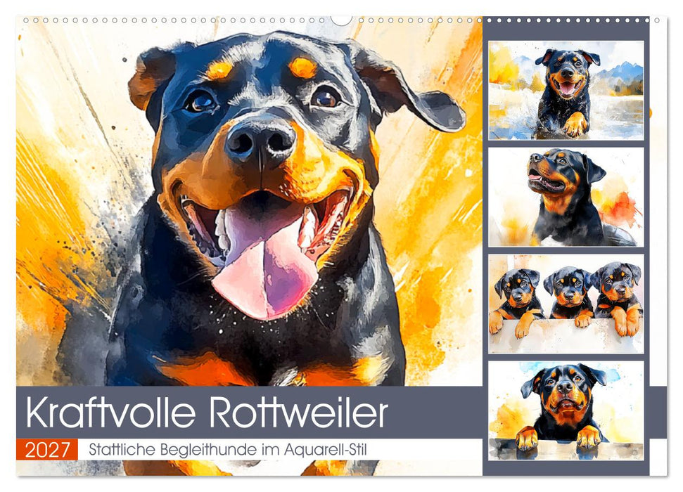 Kraftvolle Rottweiler. Stattliche Begleithunde im Aquarell-Stil (CALVENDO Wandkalender 2027)