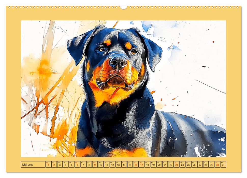Kraftvolle Rottweiler. Stattliche Begleithunde im Aquarell-Stil (CALVENDO Wandkalender 2027)