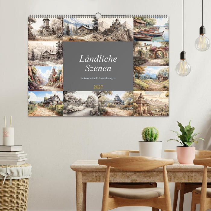 Ländliche Szenen in kolorierten Federzeichnungen (CALVENDO Wandkalender 2027)