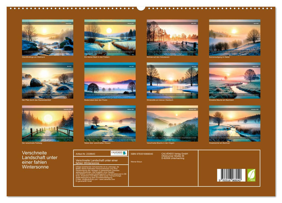 Verschneite Landschaft unter einer fahlen Wintersonne (CALVENDO Premium Wandkalender 2027)