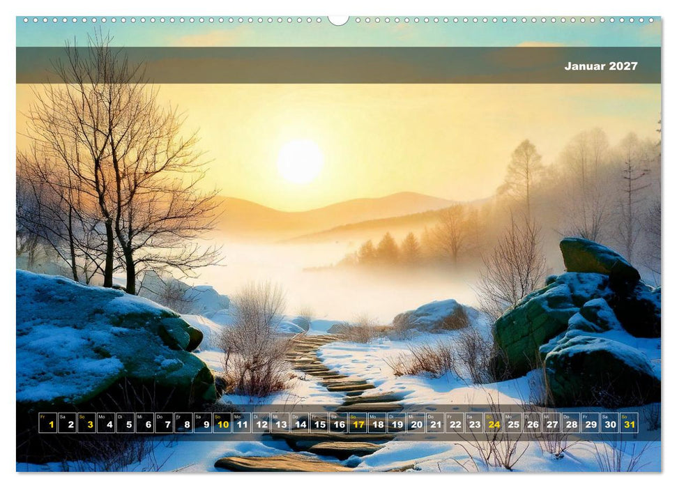 Verschneite Landschaft unter einer fahlen Wintersonne (CALVENDO Premium Wandkalender 2027)