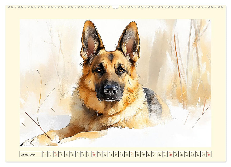 Deutsche Schäferhunde. Majestätische Wächter im Aquarell-Stil (CALVENDO Premium Wandkalender 2027)